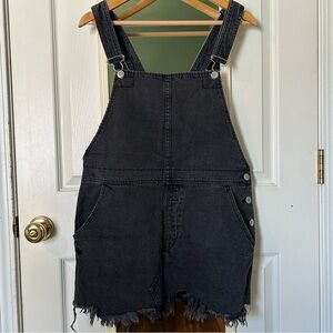 Free People Black Denim Distressed Hem Overall Mini Dress | Size 12